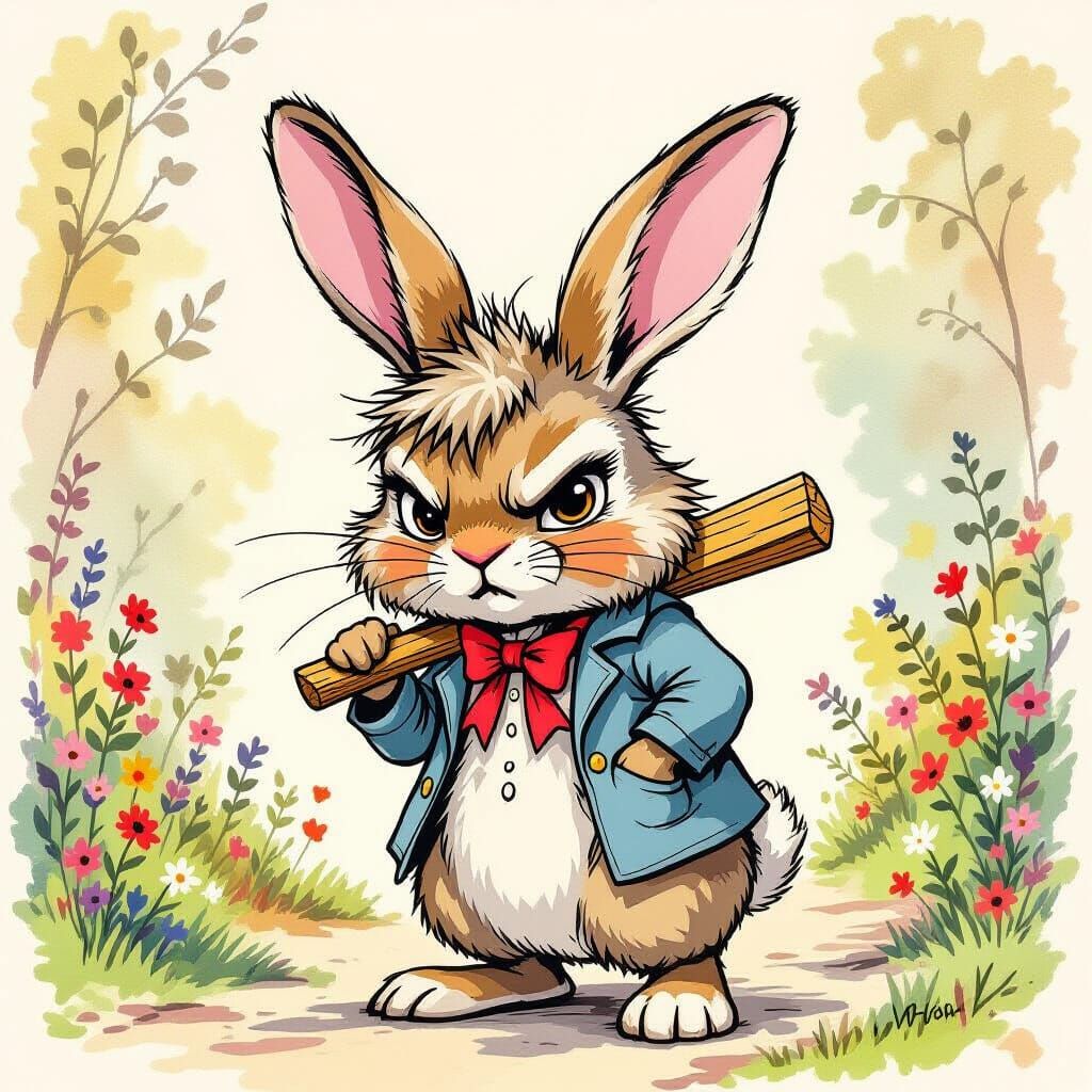 Frustrated Rabbit-Person in Storybook Illustration