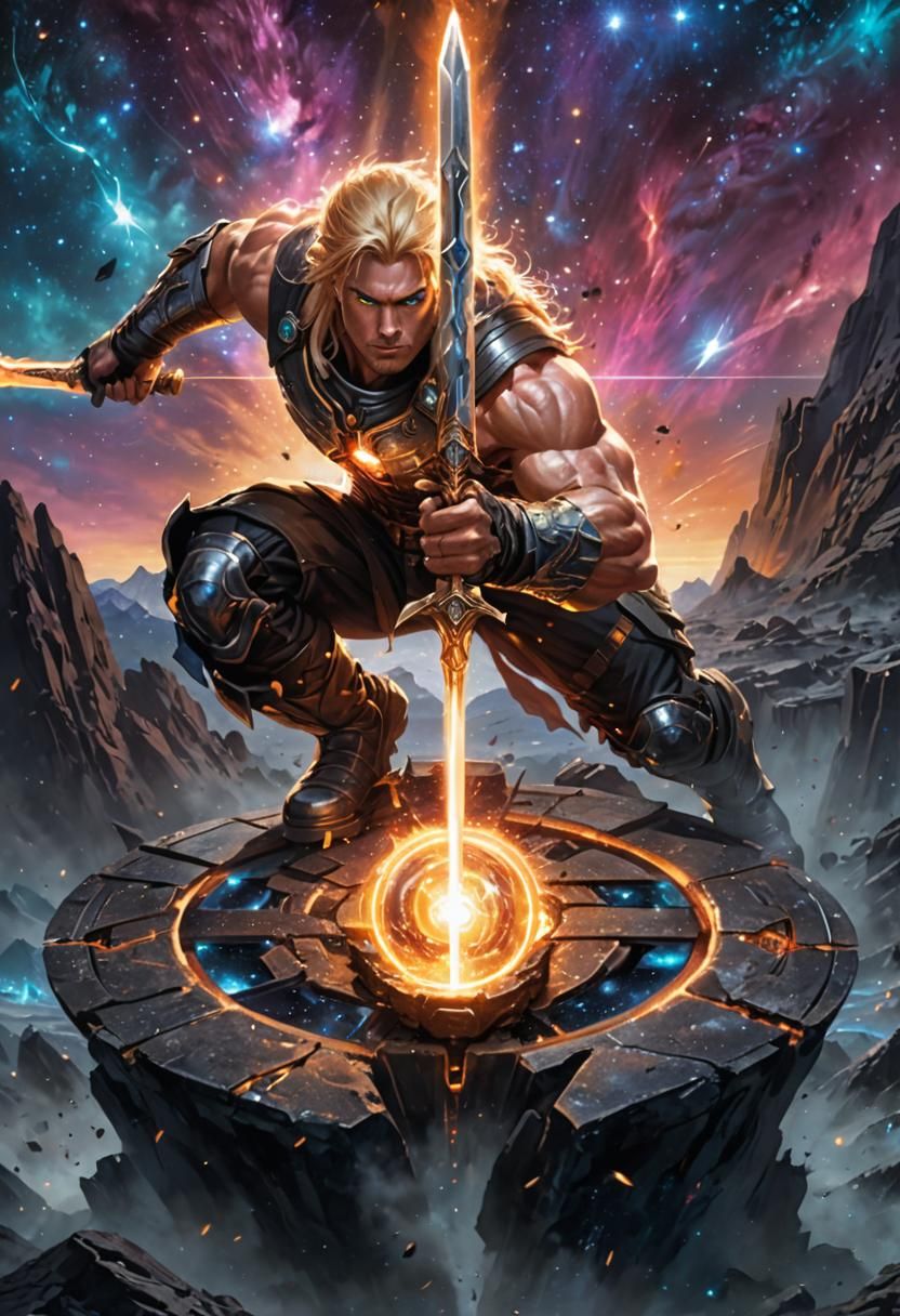 Kneeling Warrior Stabs Plasma Sword into Ground