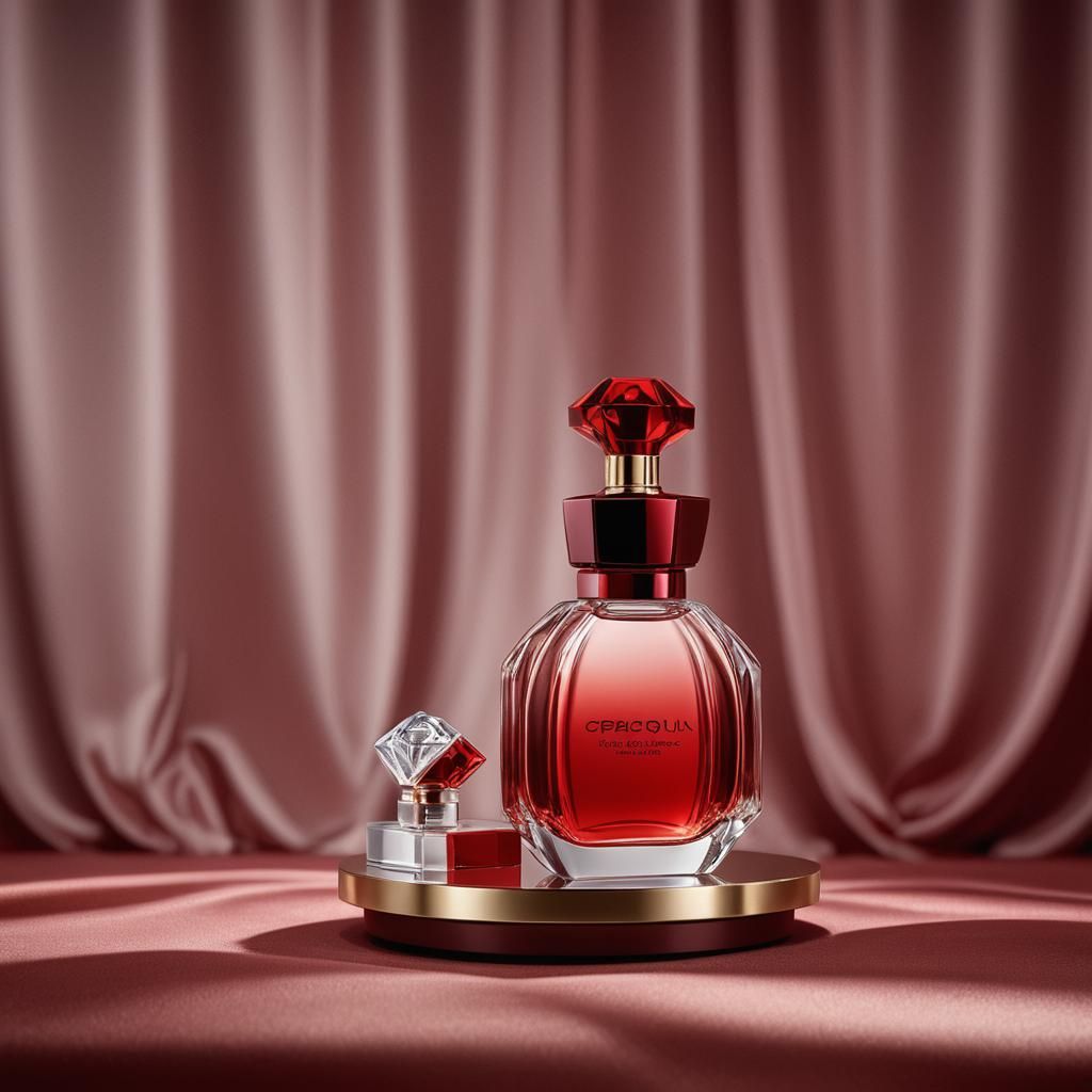 Luxury Perfume on Red Platform in 3D Visual