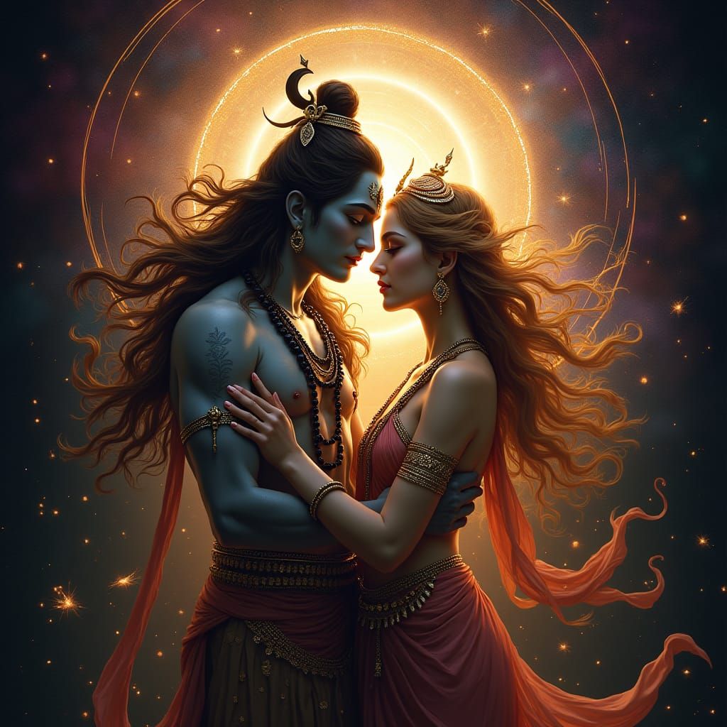 Shiva and Parvati: Divine Union in Art Nouveau Style