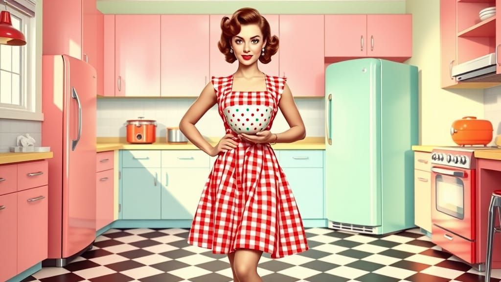 Glamorous Pin-Up Model in 1950s Kitchen