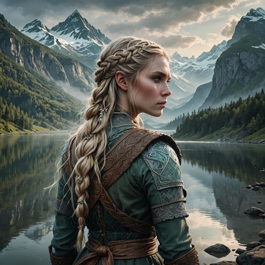 Viking Woman at Misty Lake: Dark Fantasy Art
