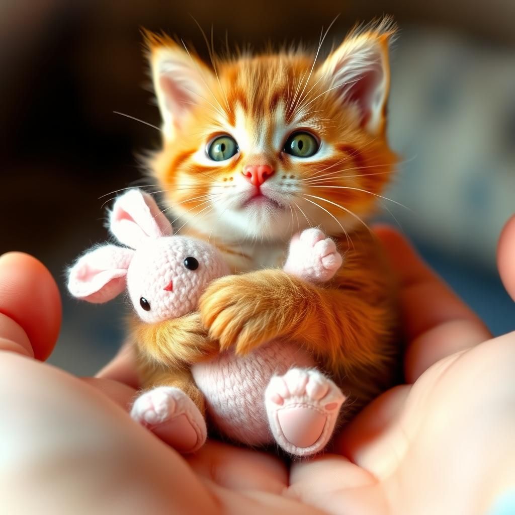 Tiny Ginger Kitten with Bunny in Hand