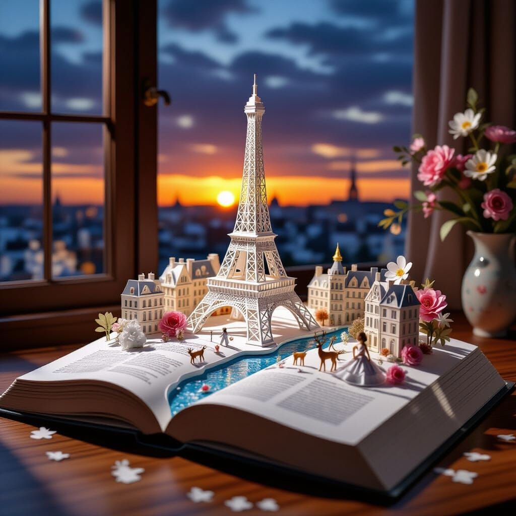 Papercraft Paris Diorama on Book in Sunset Light