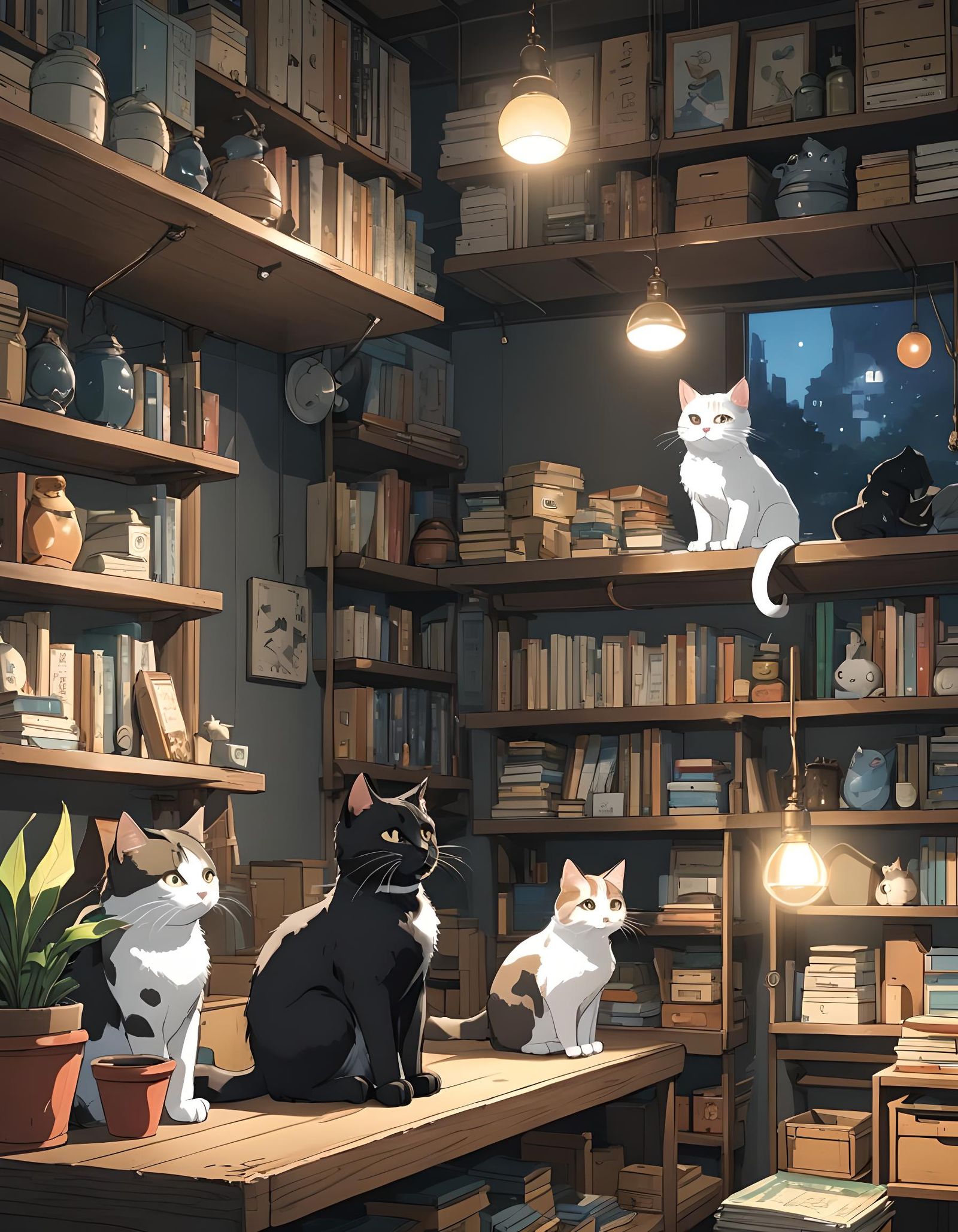 Cats on Shelves in Ghibli Anime Style