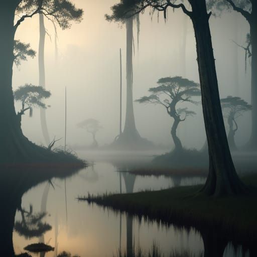 Crocodile in Misty Swamp River at Golden Hour