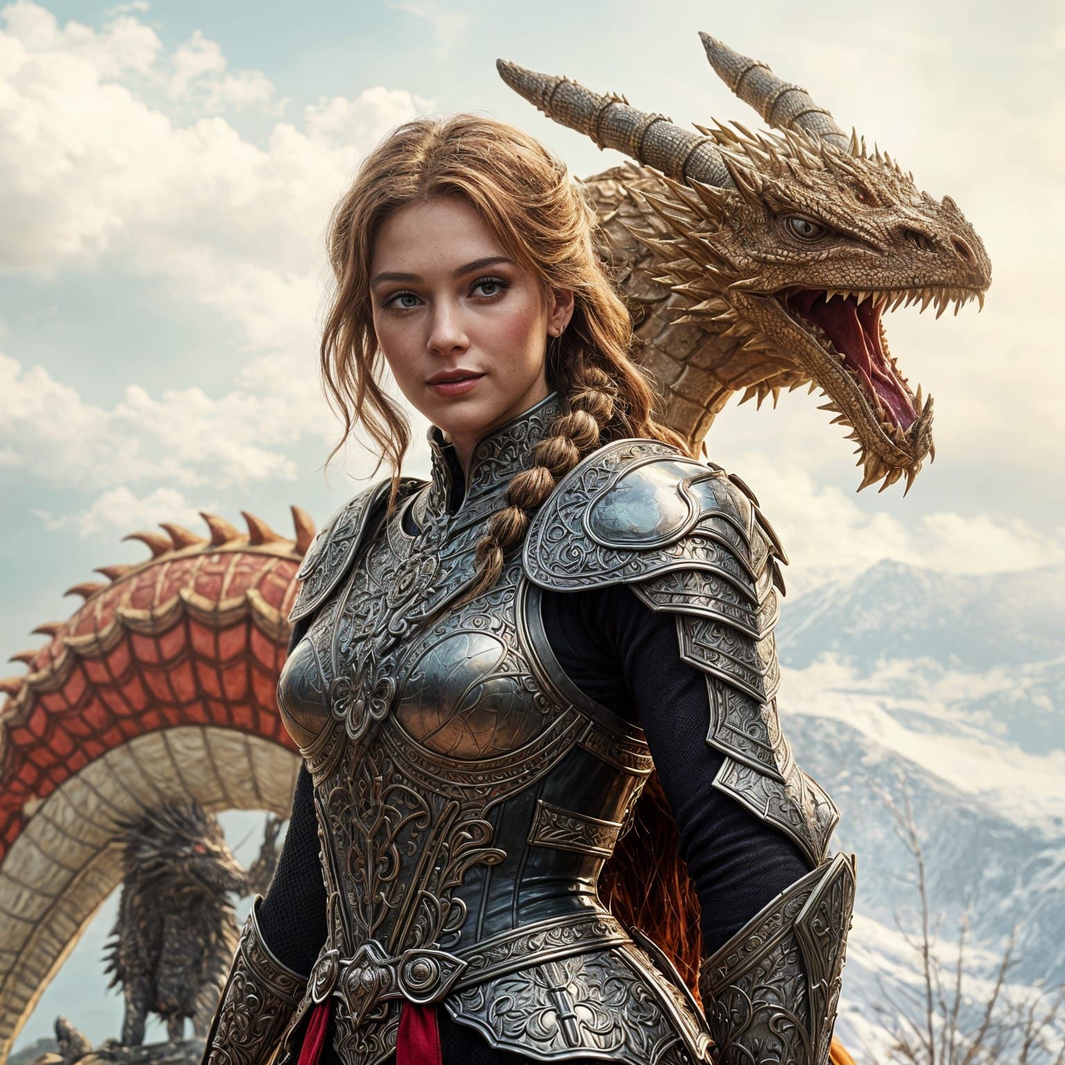 Woman in Latex Armor with Dragon on Snowy Hill