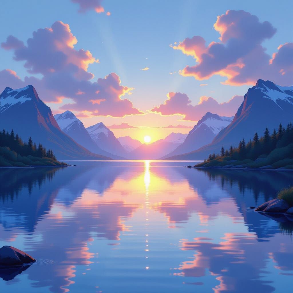 Ethereal Sunrise Over Blue Waters: Digital Matte Painting