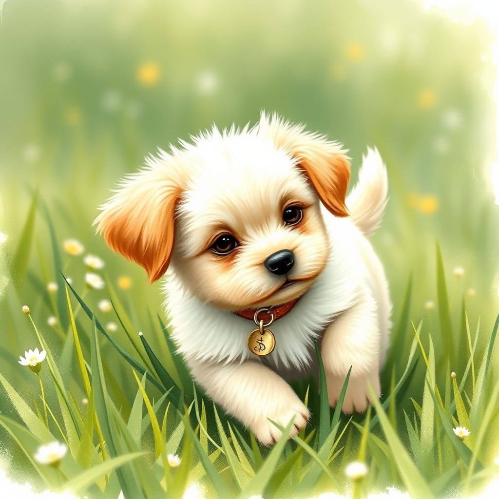 Whimsical Puppy in Meadow, Botanical Watercolor Style