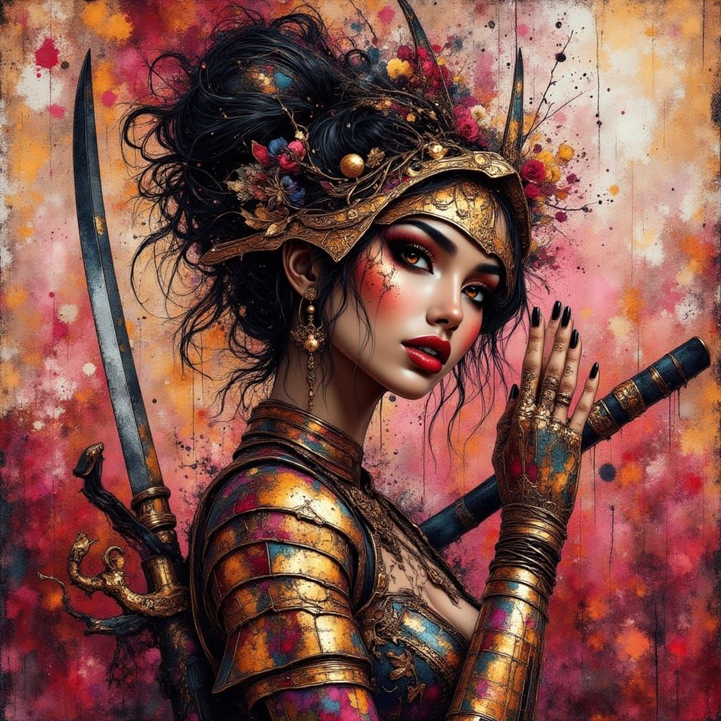 Glamorous Samurai in Gouache and Oil Painting Style
