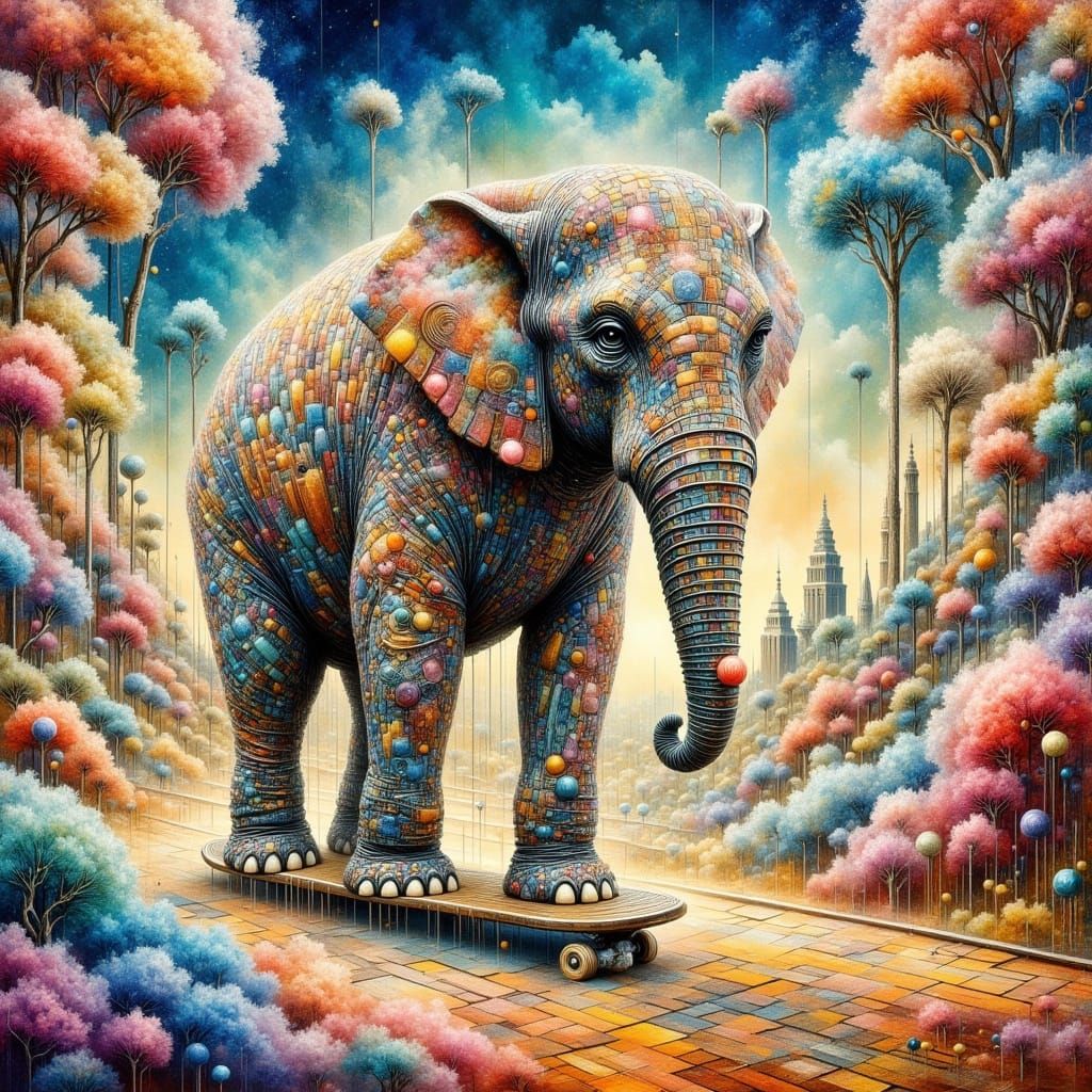 Elephant on Skateboard in Cotton Candy Park - Psychedelic Go...