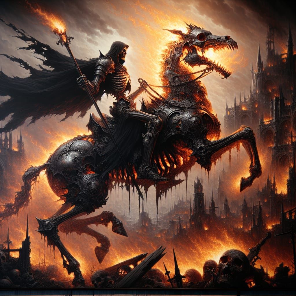 Knight on Flaming Steed in Ruined City