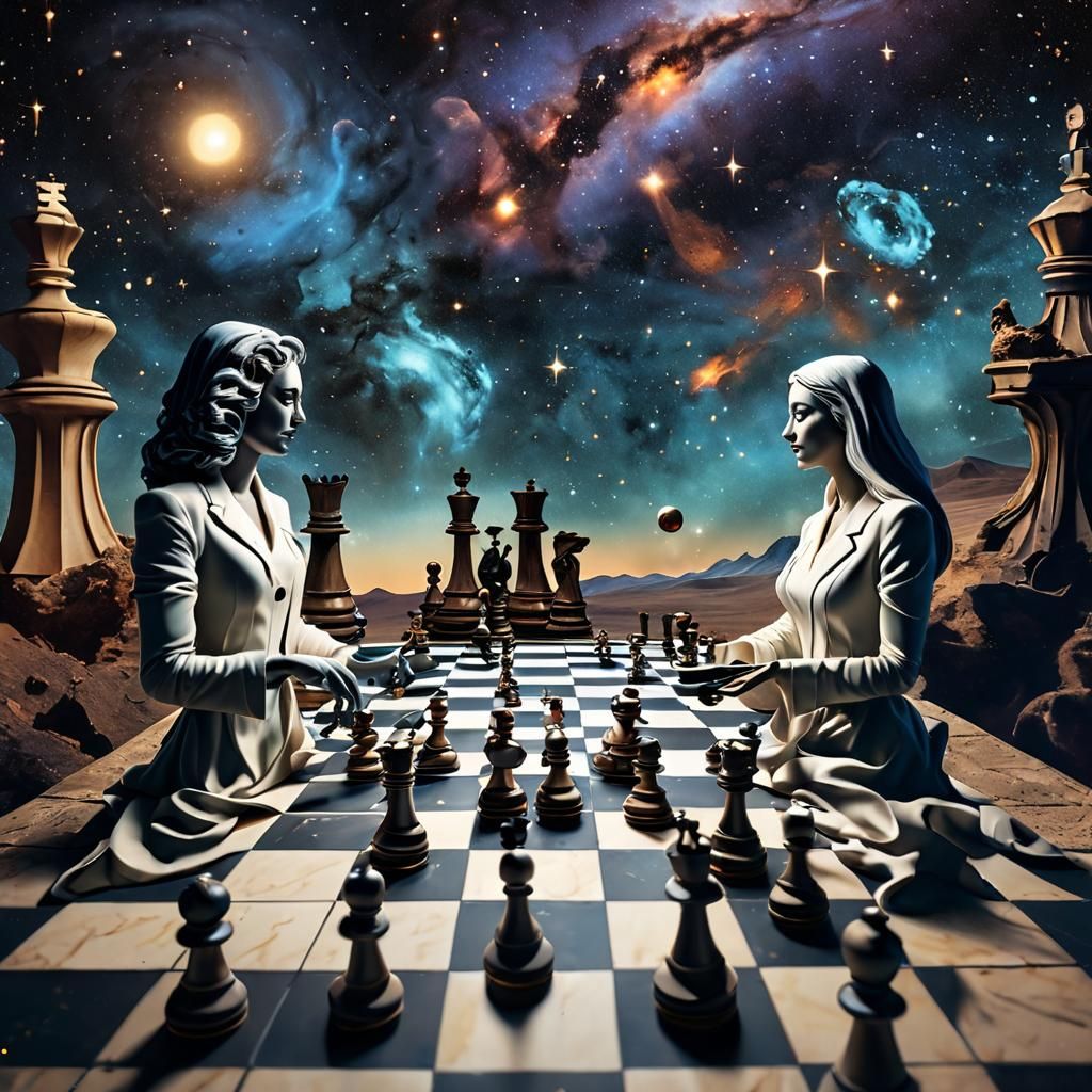 Cosmic Chess Game in Surrealist Space Landscape
