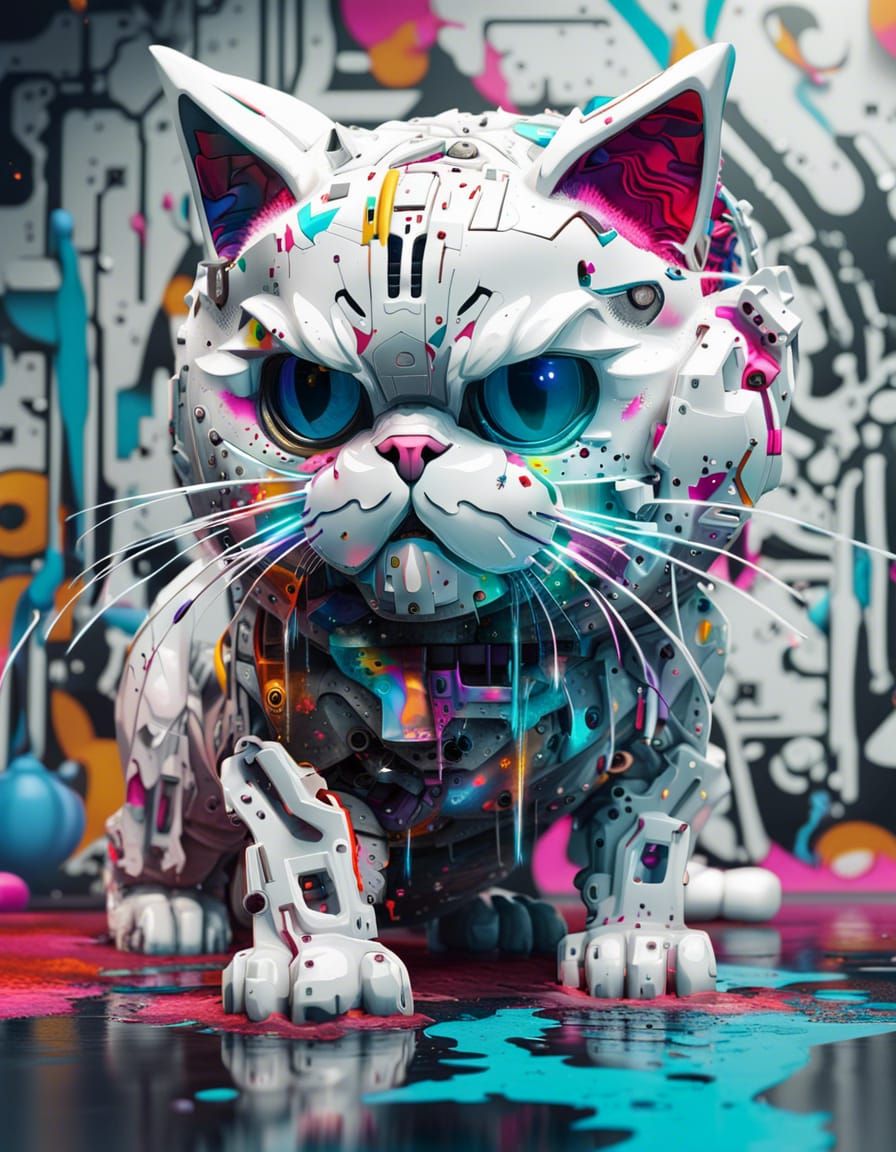Cyborg white Persian cat graffiti art, splash art, street ar...
