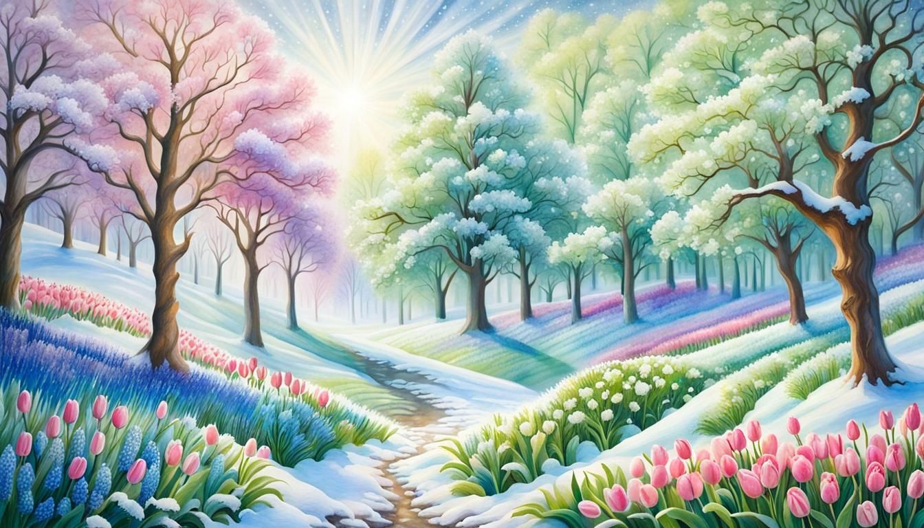 Spring Garden Dusted with Snow in Pastel Colors