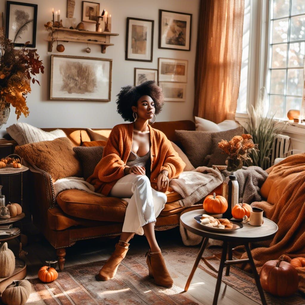 Elegant Woman in Bright Living Room, Fall Aesthetic