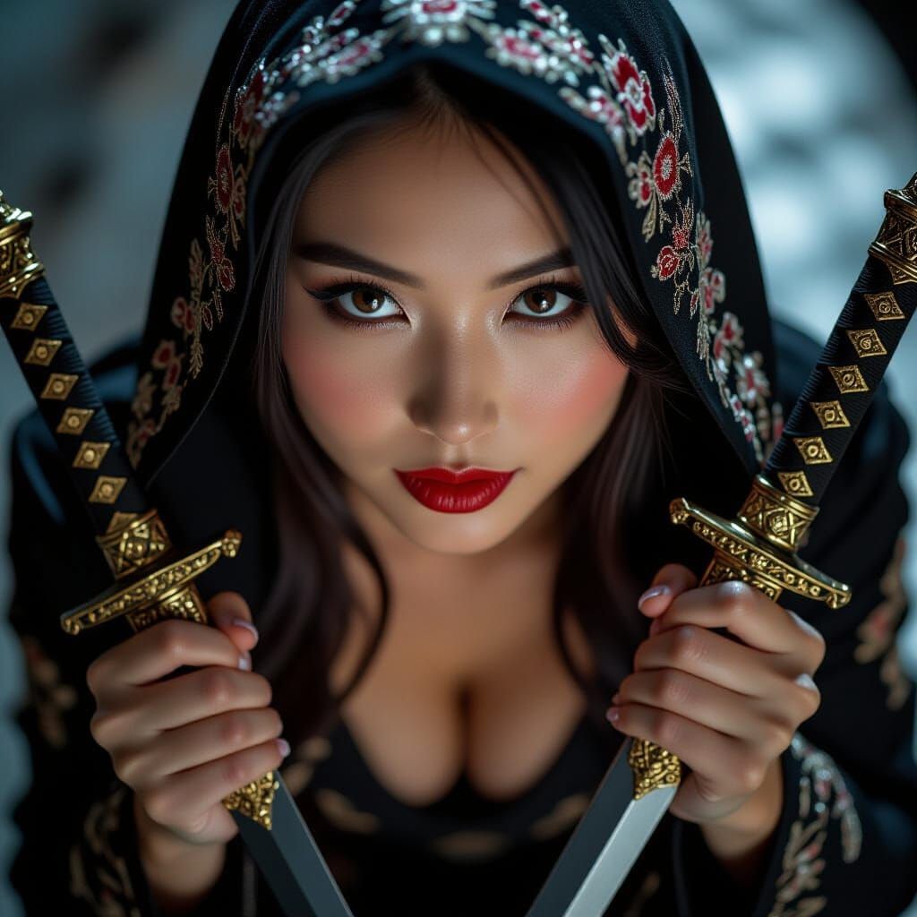 Asian Woman in Vintage Hood with Daggers