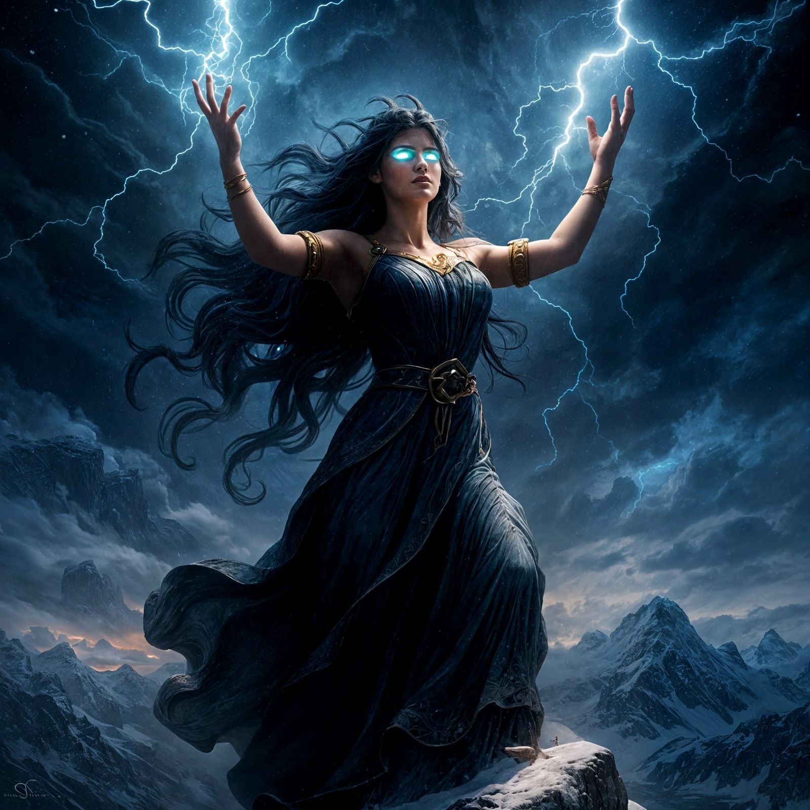 Goddess Summons Storm on Snow Mountain: Digital Art