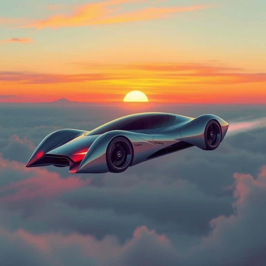 Futuristic Flying Car at Sunset