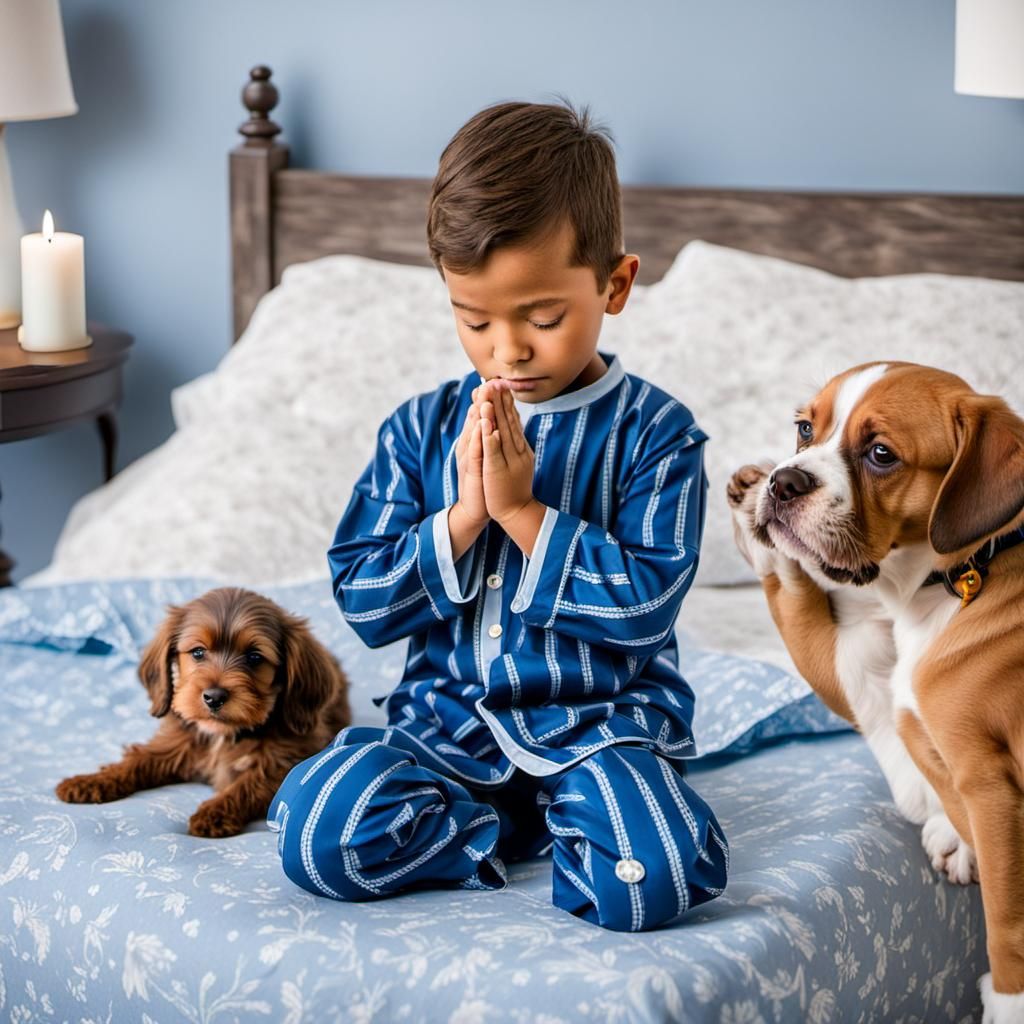 Boy and Puppy Praying at Bedtime