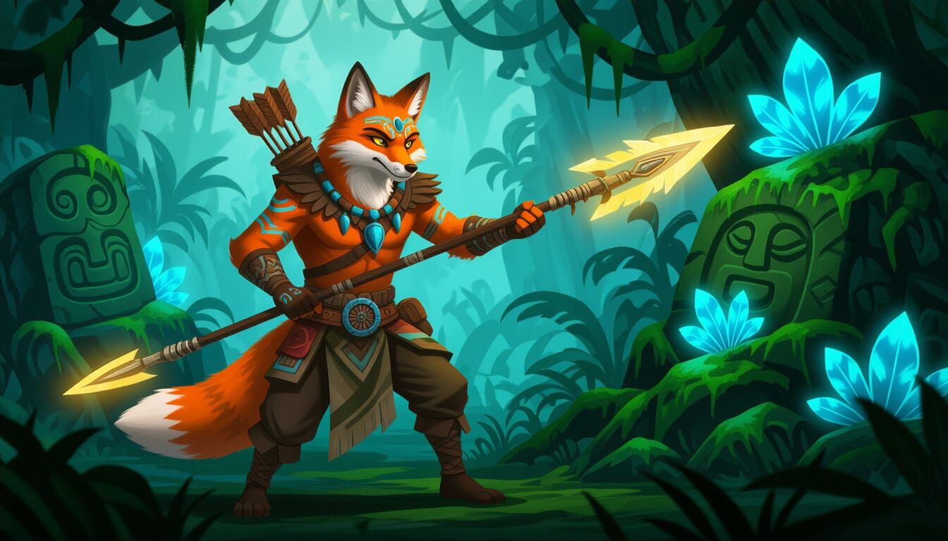 Fox Warrior Ready for Battle in Bioluminescent Jungle