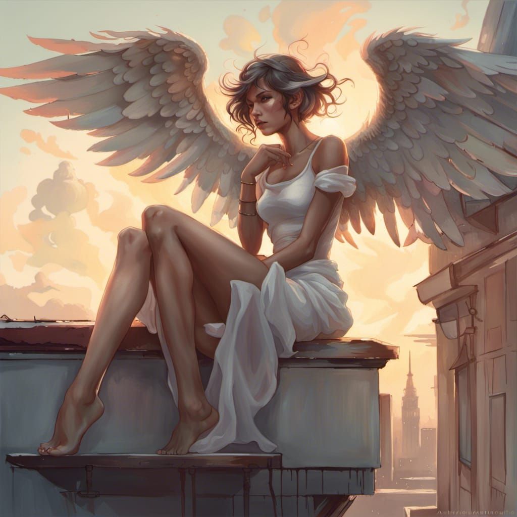 Angel on Rooftop Smoking: Hyperdetailed Portrait