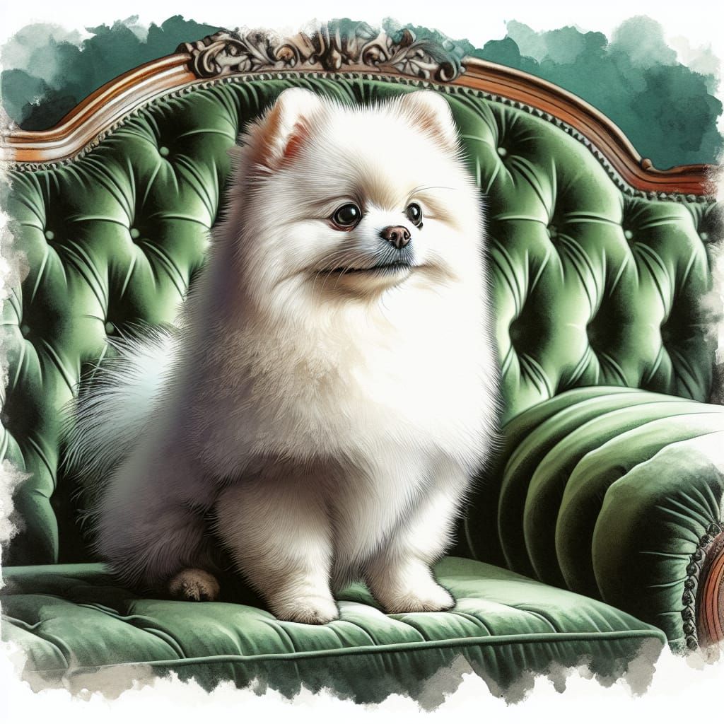 Victorian Era Watercolor Pomeranian on Velvet Sofa