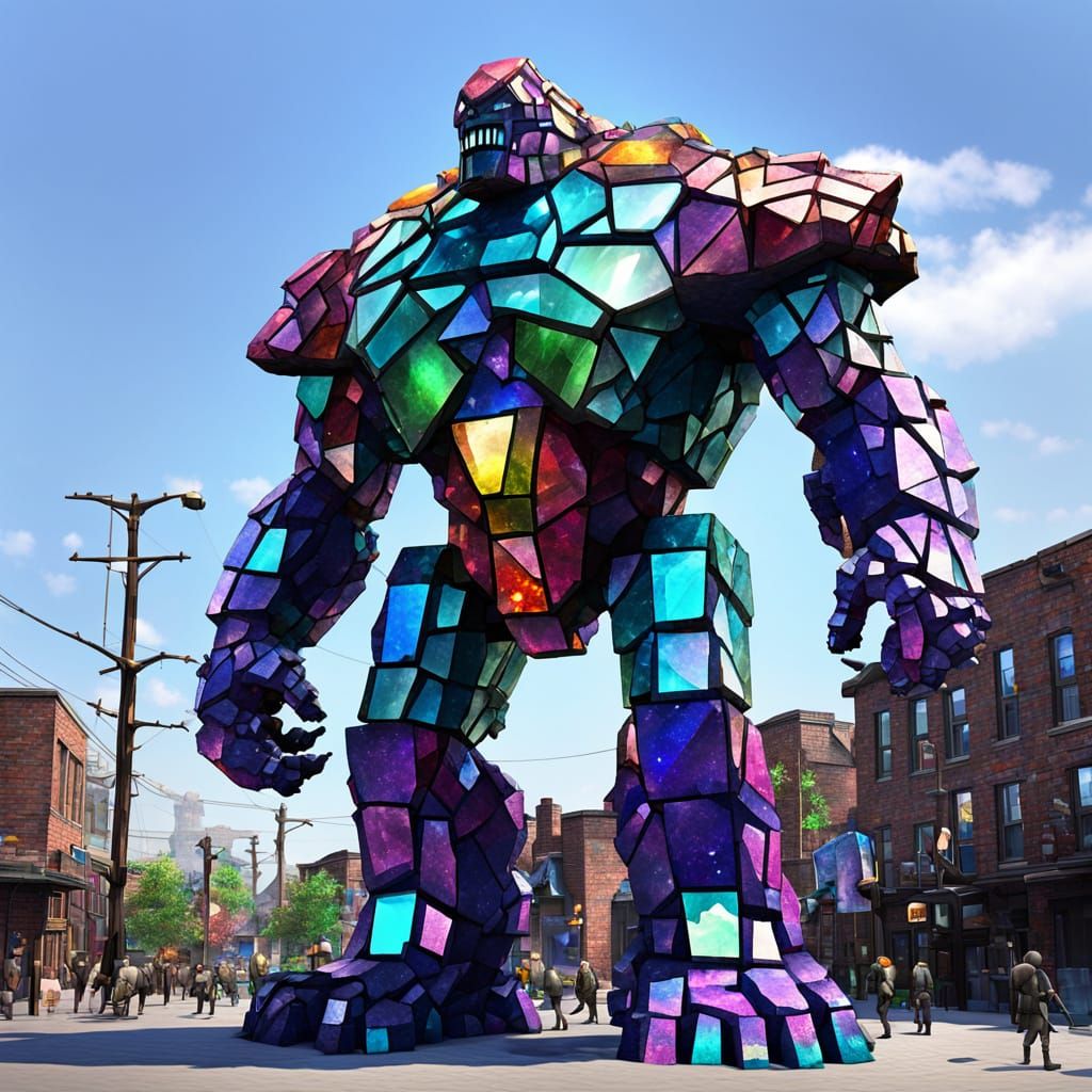 Vibrant Glass Kaiju Towering Over Ruined Town