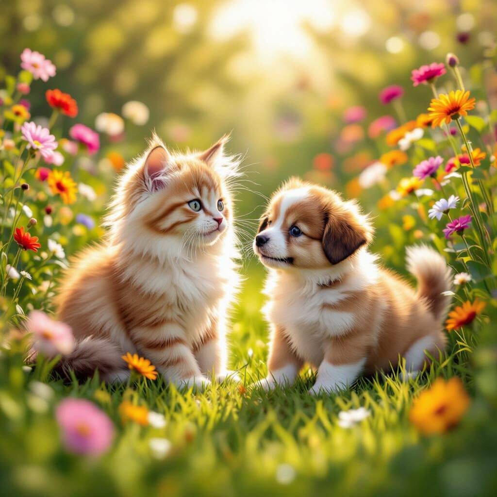Fluffy Cat and Puppy in Sunny Garden, Digital Wildlife Art