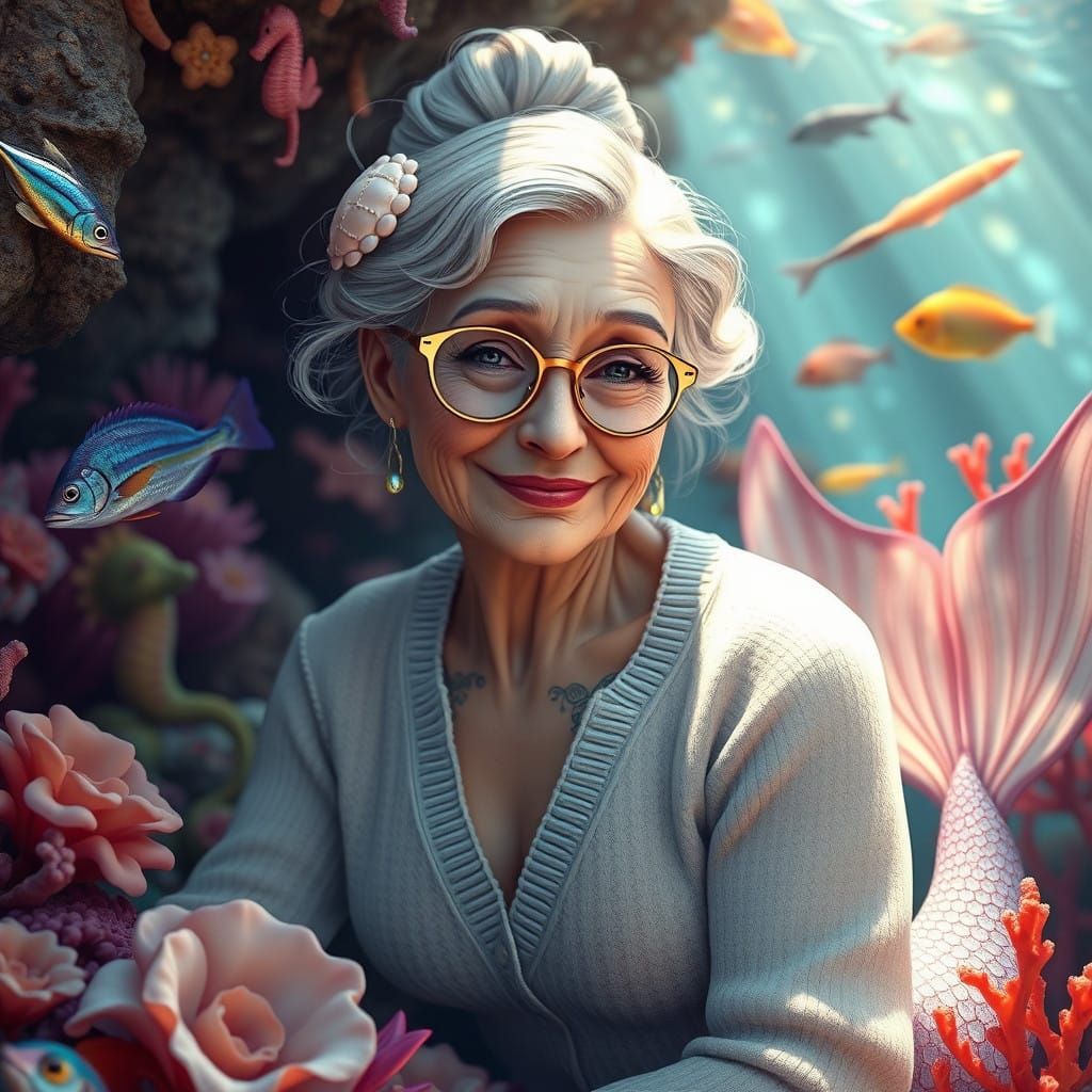 Elegant Mermaid Tends Vibrant Coral Garden in Dreamlike Real...