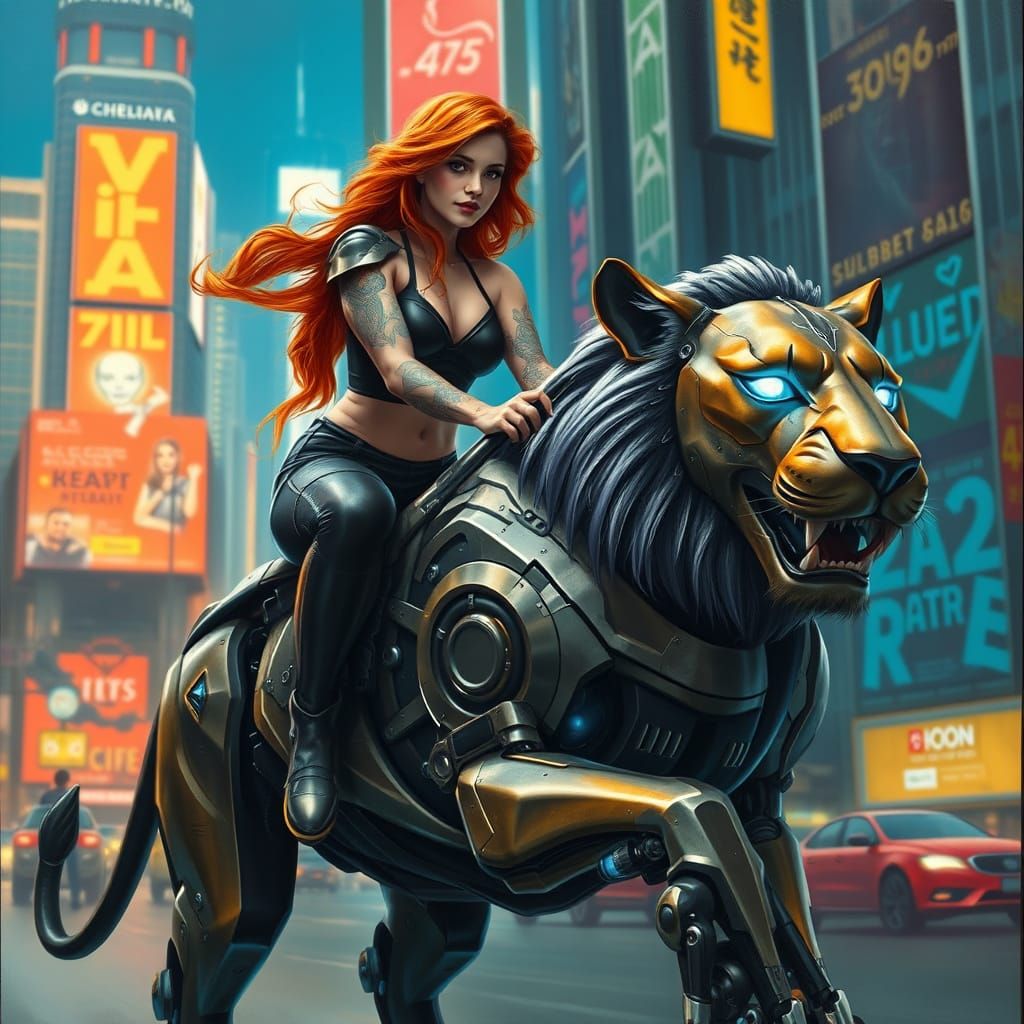Ginger Warrior Rides Cybernetic Lion Through Futuristic Metr...