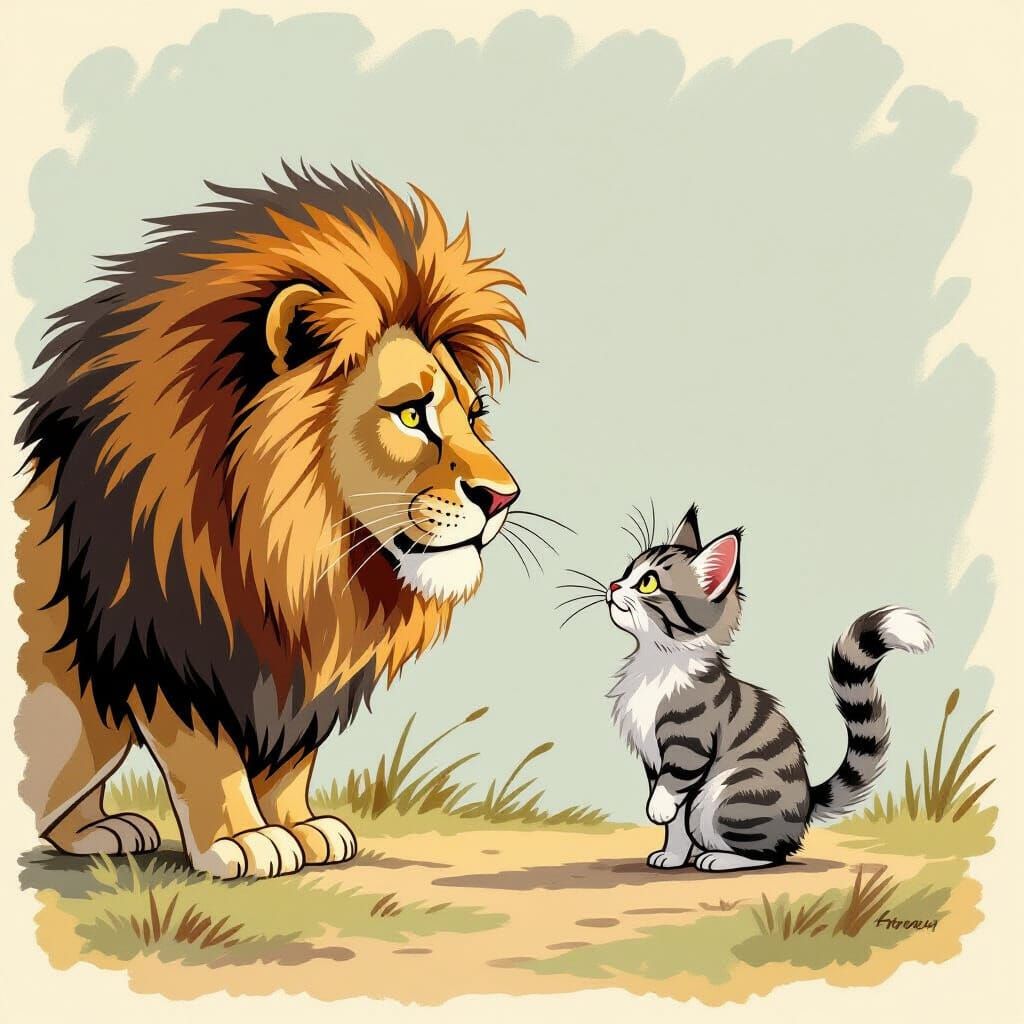 Fearless Cat Confronts Startled Lion, Whimsical Art