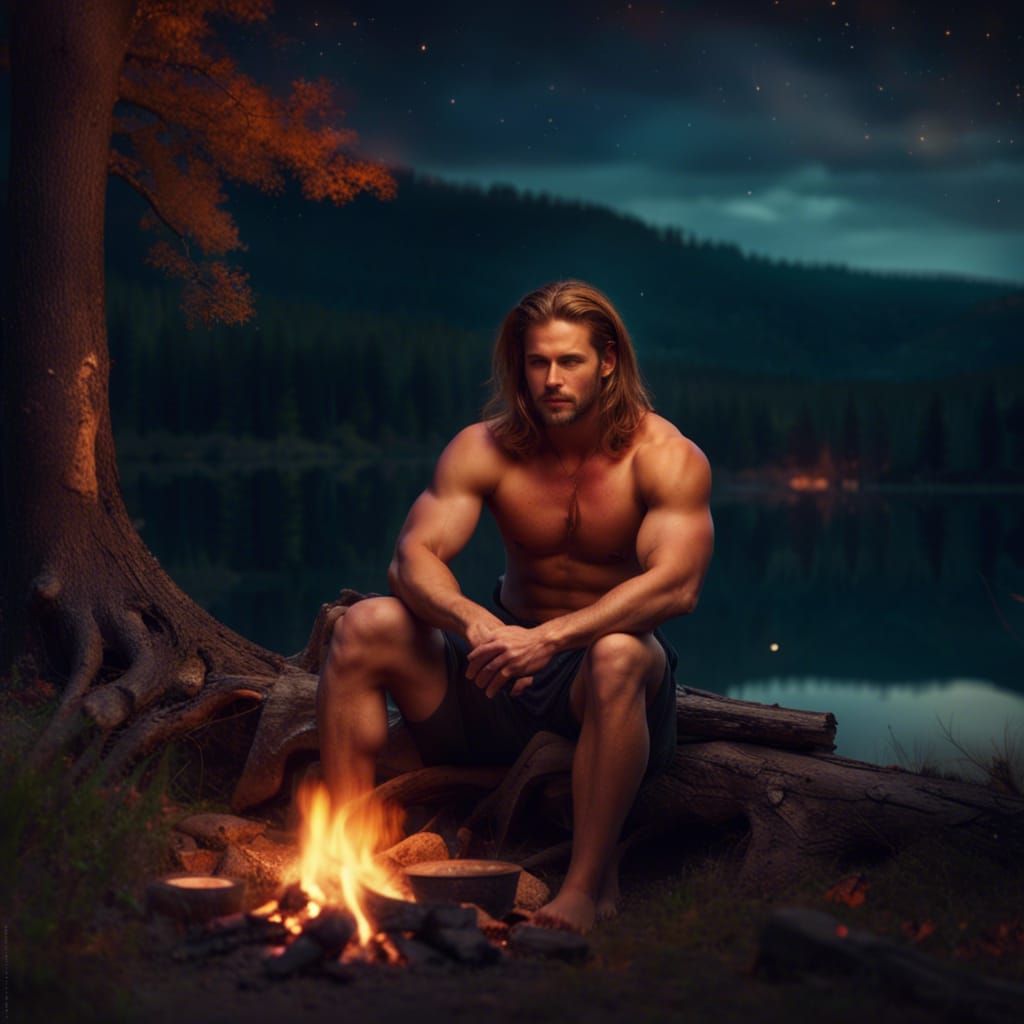 Auburn Haired Man By Campfire at Night