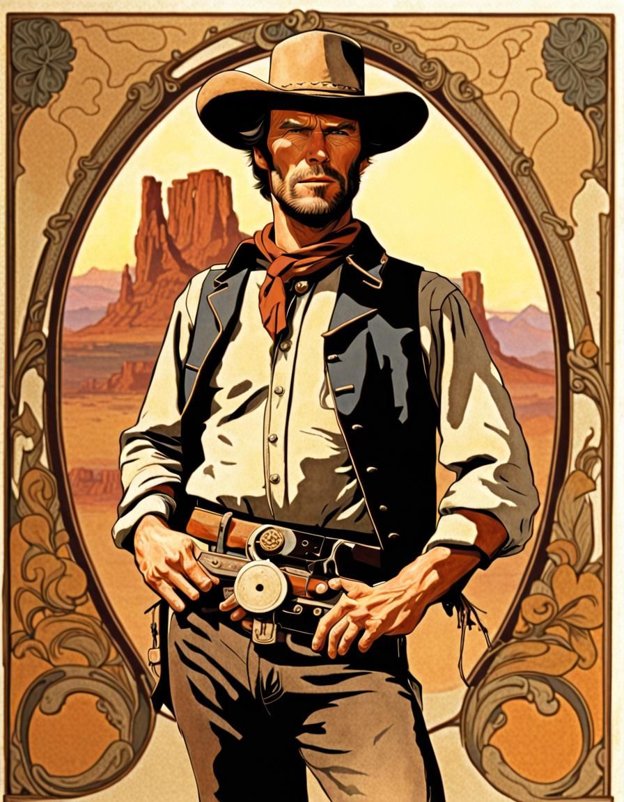 Clint Eastwood as Rowdy Yates in Rawhide,, Alphonse Mucha style
