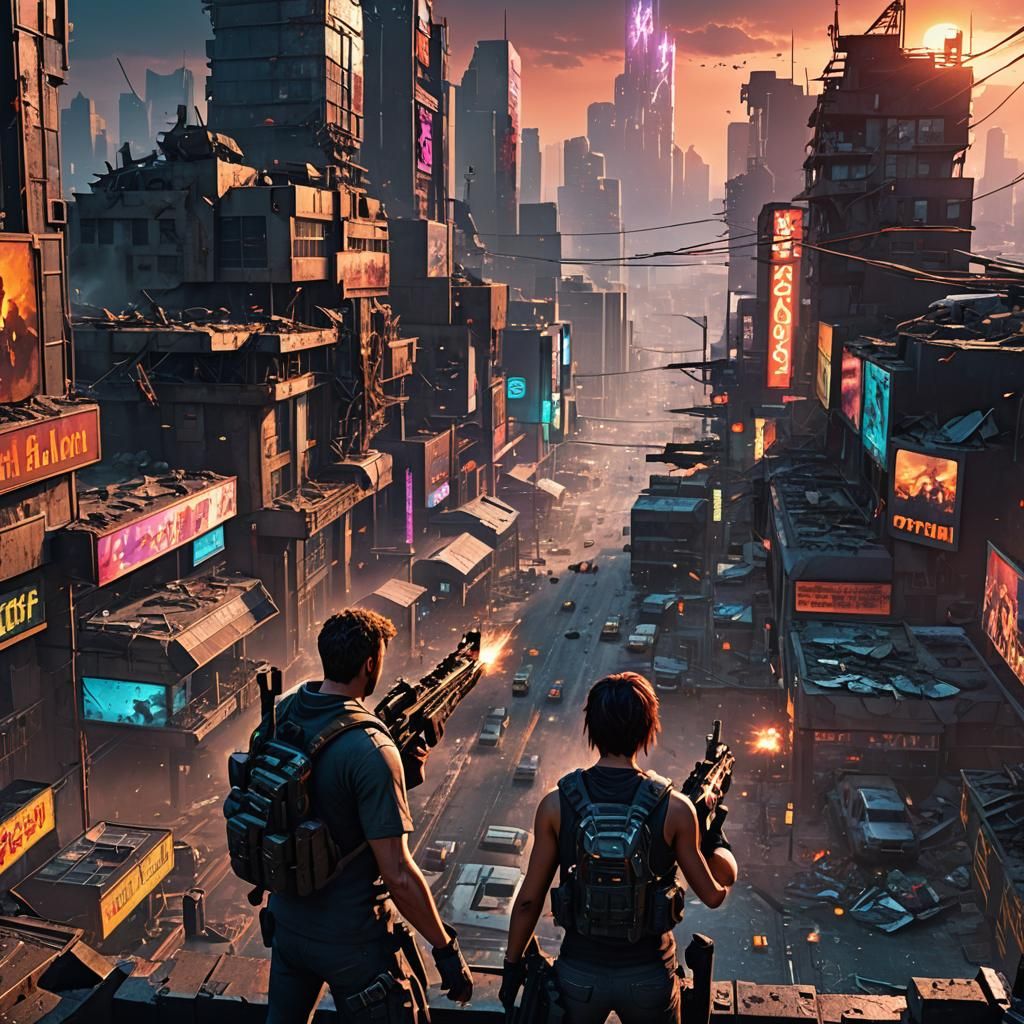 Post-Apocalyptic Cityscape with Armed Figures
