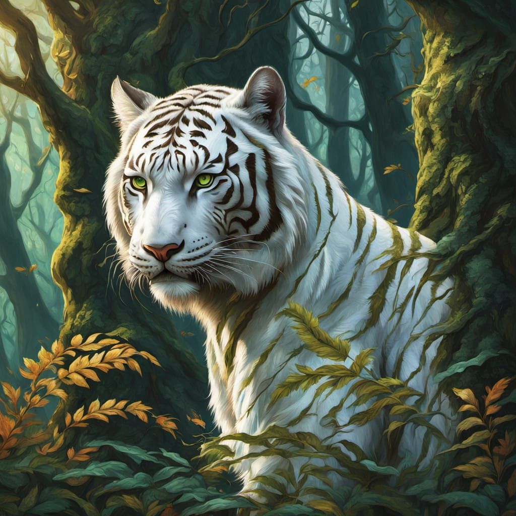 White Tiger Dryad in Forest, Oil Painting Style