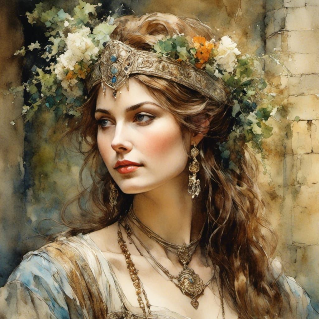 Medieval Woman Portrait in Watercolor Style