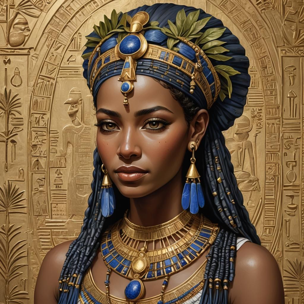 Egyptian Queen Portrait with Traditional Headdress and Jewel...
