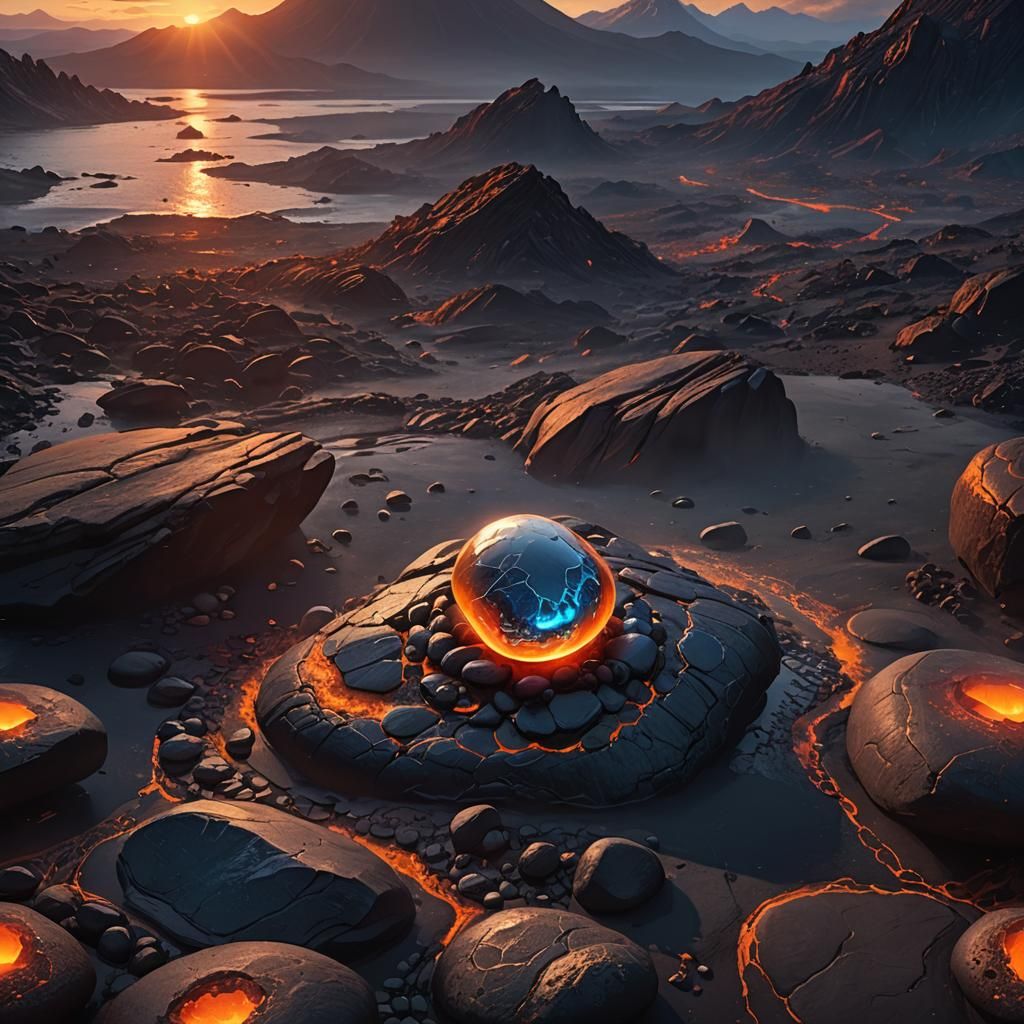 Glowing Pebble in Volcanic Landscape Concept Art