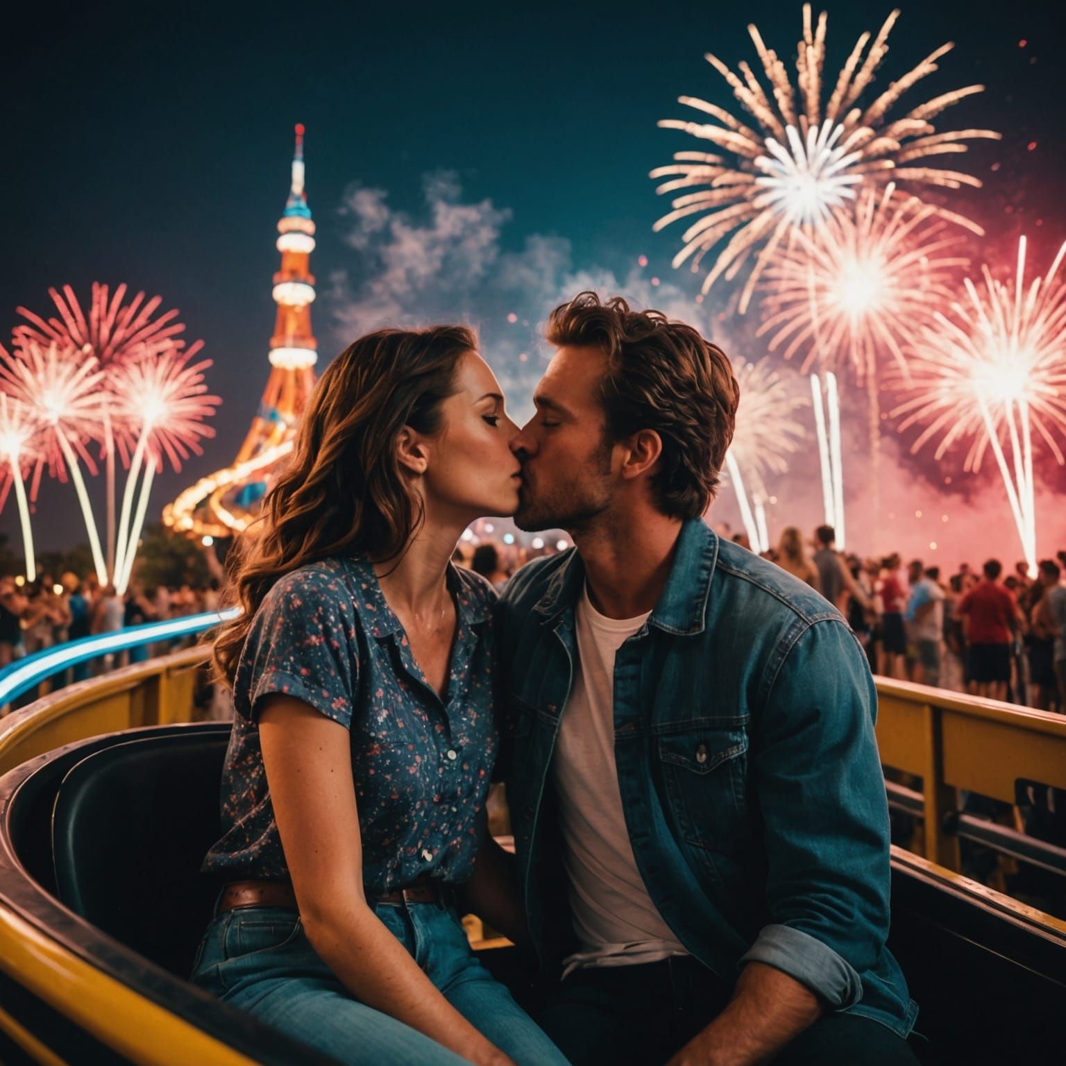 Cinematic Kiss on Rollercoaster Under Fireworks