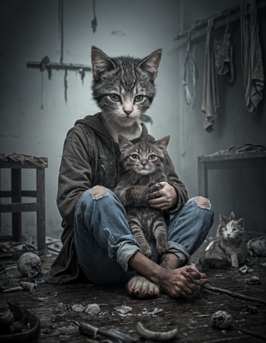 Lonely Creature Finds Kitten in Derelict House