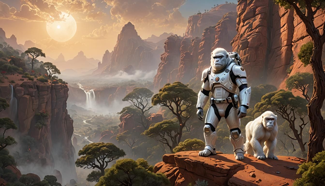 The white apes of Mars near a Mars cliff with some trees aro...