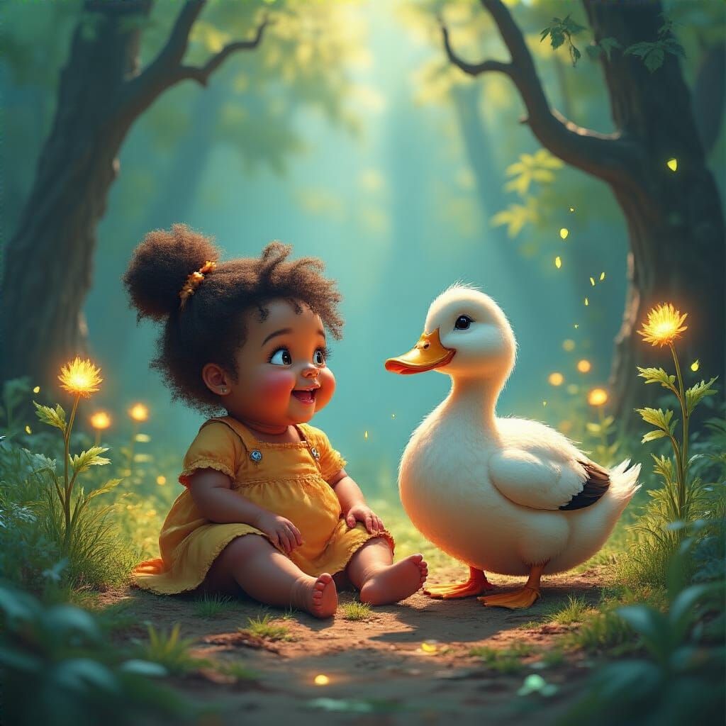 Girl and Ancient Duck in Bioluminescent Grove
