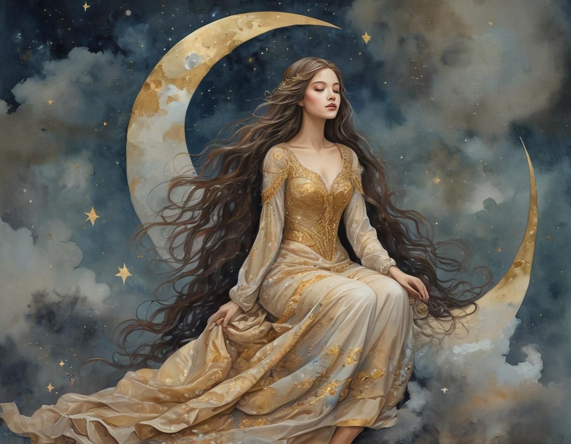 Girl on Crescent Moon in Gouache Style