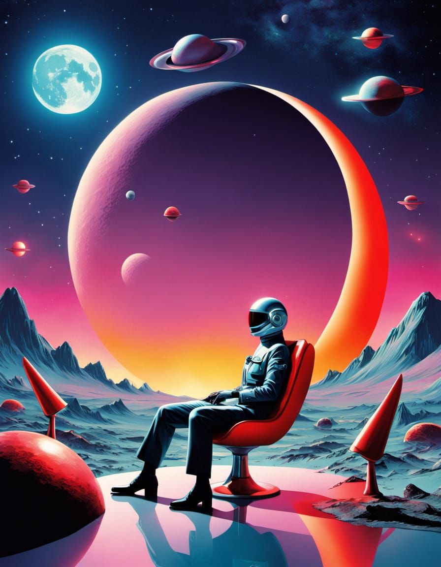 Retro-Futuristic Sci-Fi Scene with Alien Landscape