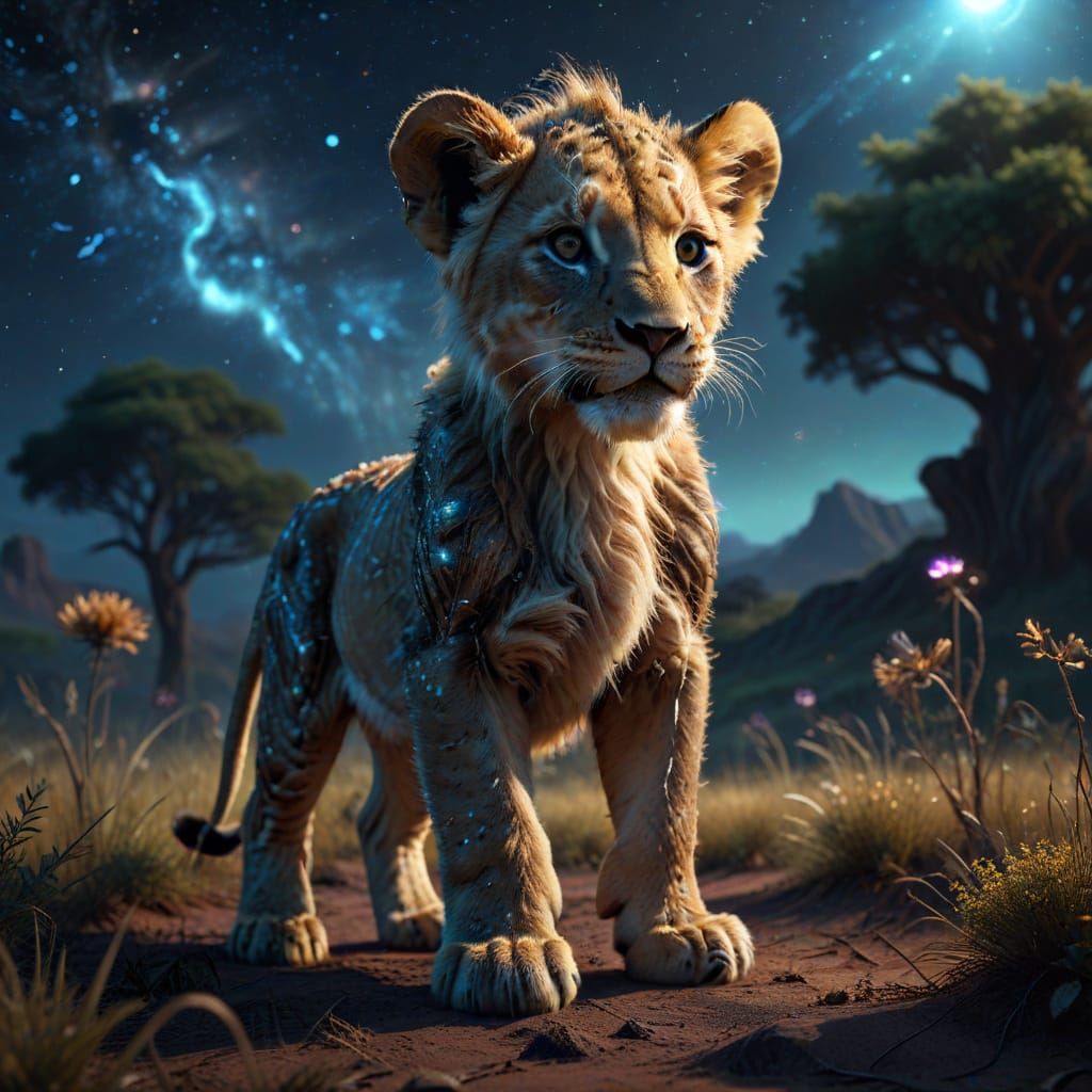 Majestic Lion Cub on Alien Savanna, Hyperrealistic Digital A...