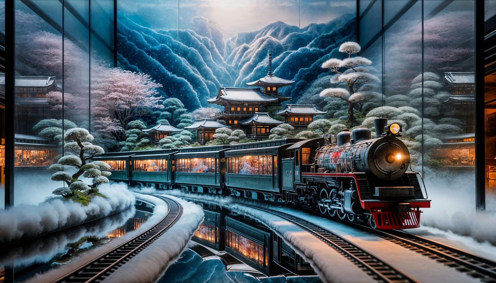 Japanese Steam Train in Winter Wonderland Scene