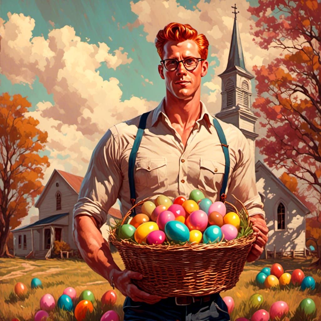 Retro Easter: Farmer with Basket Near Rural Church