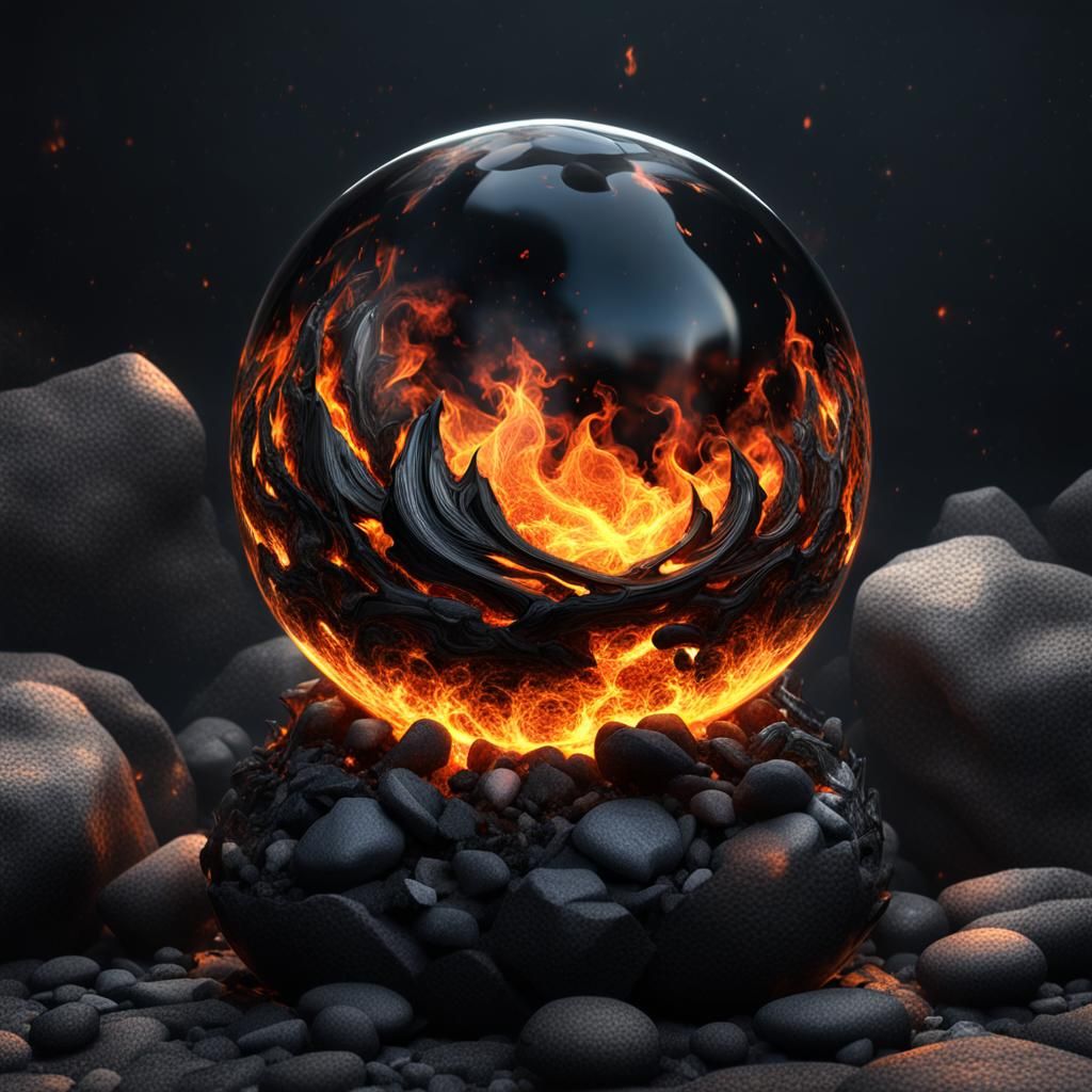 a fire inside glass ball sitting on top of a pile of rocks, dark flames, behance. polished, nanotechnology, lava, beauti...