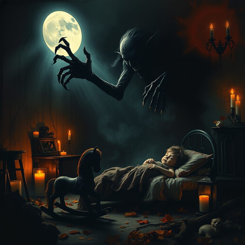 Gothic Nightmare Scene: Shadowy Sandman Lurks in Darkened Be...